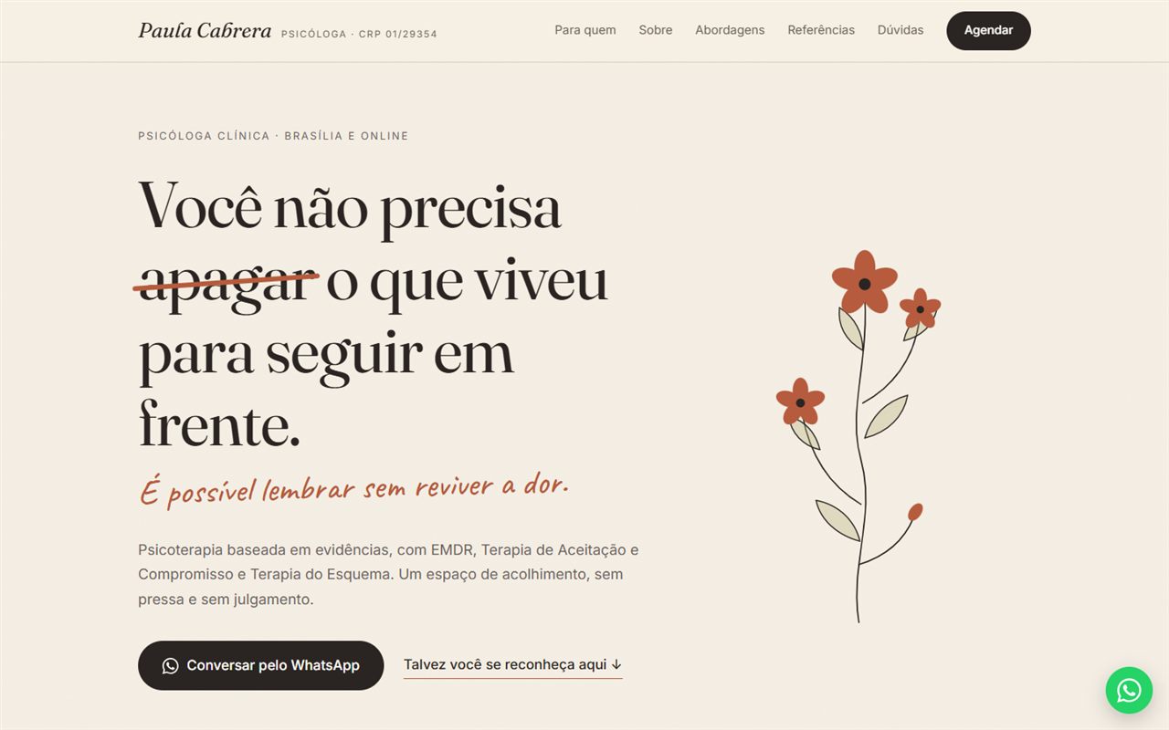 Página inicial do site da psicóloga Paula Cabrera