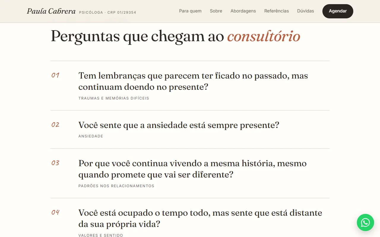Seção “Perguntas que chegam ao consultório” do site da Paula Cabrera